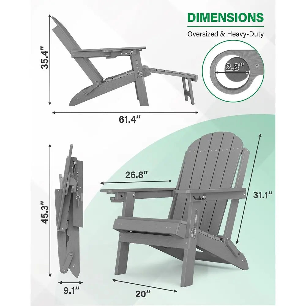 Weather-Resistant HDPE 2-Piece Adirondack Set, Adjustable Backrest, Ottoman & Cup Holder for Outdoor Patio/Porch/Fire Pit