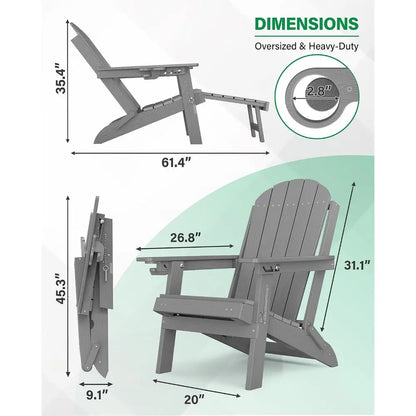 Weather-Resistant HDPE 2-Piece Adirondack Set, Adjustable Backrest, Ottoman & Cup Holder for Outdoor Patio/Porch/Fire Pit