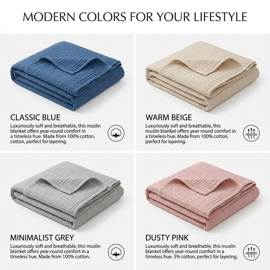 100% Cotton Muslin Blanket 6 Layers Gauze Skin-friendly Breathable Cotton Throw Blue Gauze Blanket for Adults Kids 130*150cm