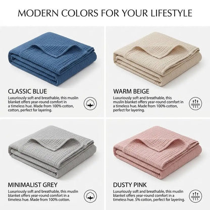 100% Cotton Muslin Blanket 6 Layers Gauze Skin-friendly Breathable Cotton Throw Blue Gauze Blanket for Adults Kids 130*150cm