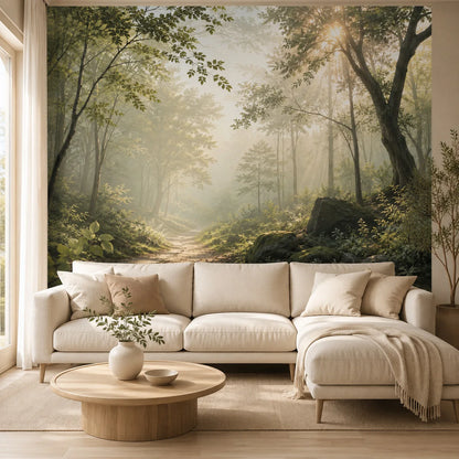 Sunlit Misty Forest Path Wall Mural Wallpaper Nature Landscape for Living Room Bedroom Sofa Background Non Self Adhesive