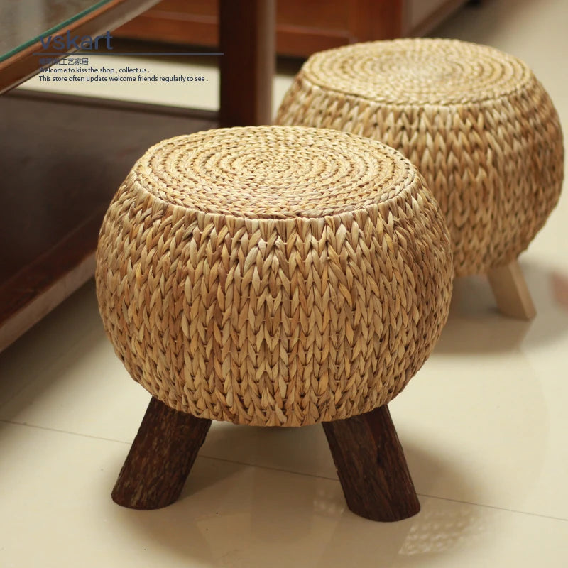 Pastoral Country Style Tea Room Grass Woven Rattan Stool Solid Wood round Seat Low Bench for Relaxed Seating Fashionable Shoe St