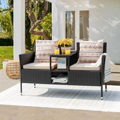 Outdoor Patio Loveseat Modern Rattan 2-Seat Patio Conversation Set with Cushions & Built-in Coffee Table Porch Furniture for Ga