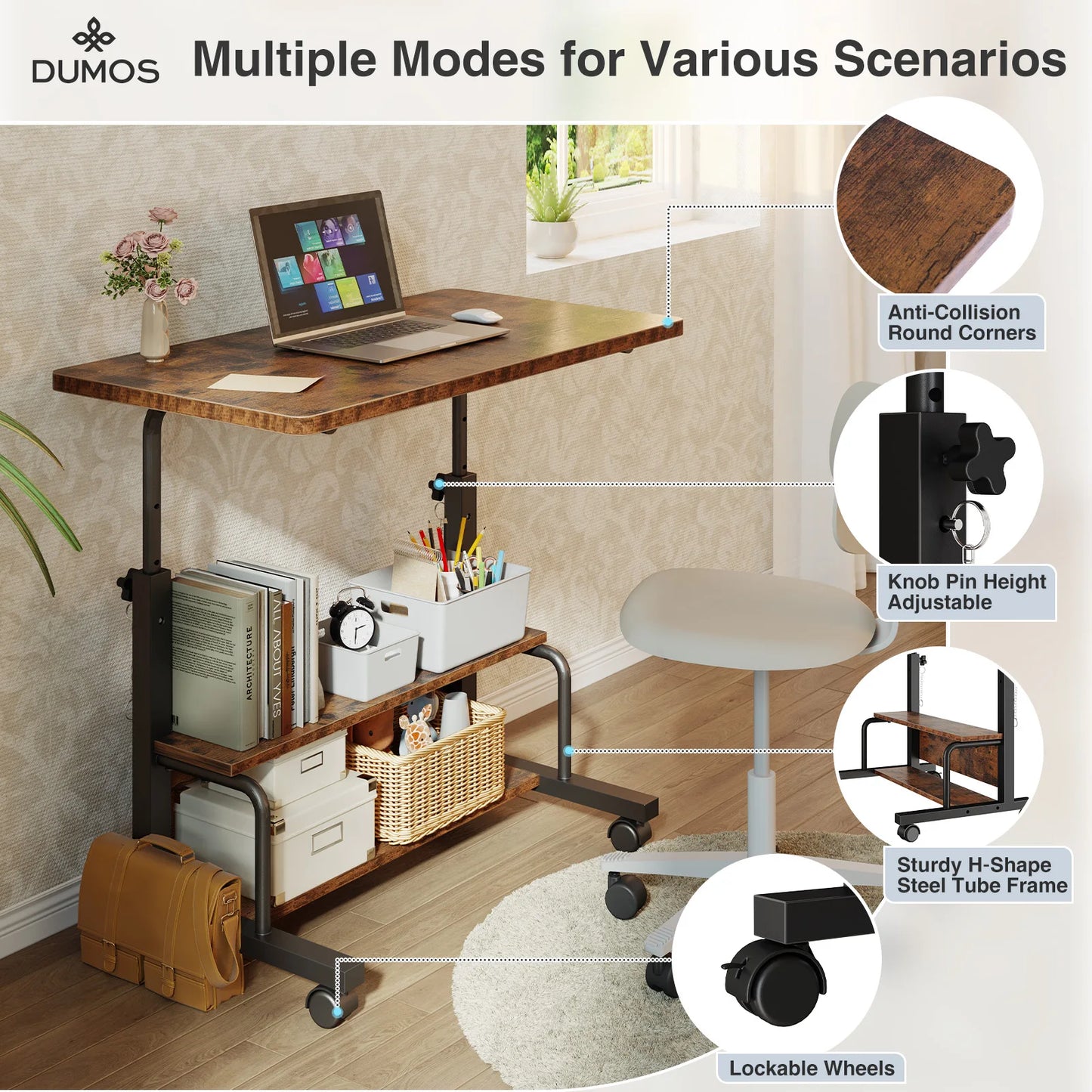 JHK 31.5IN Adjustable Height Mobile Standing Computer Desk with Locking Wheels Metal Frame Portable Workstation for Walking Pad