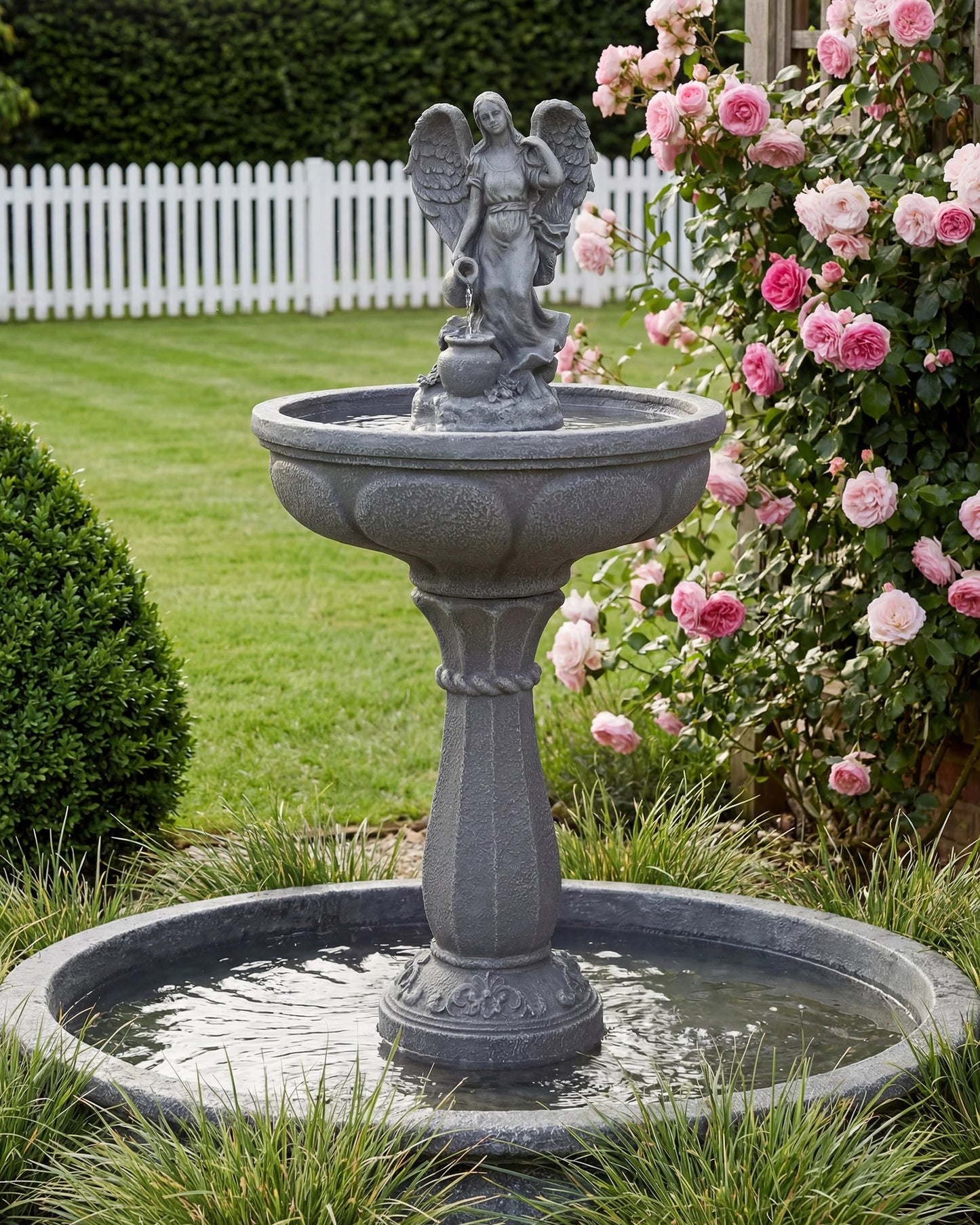 Outdoor Water Fountain, 37" High Cascading Waterfall Fountain with Whisper-Quiet Pump, Large Cascading Freestanding Resin Founta