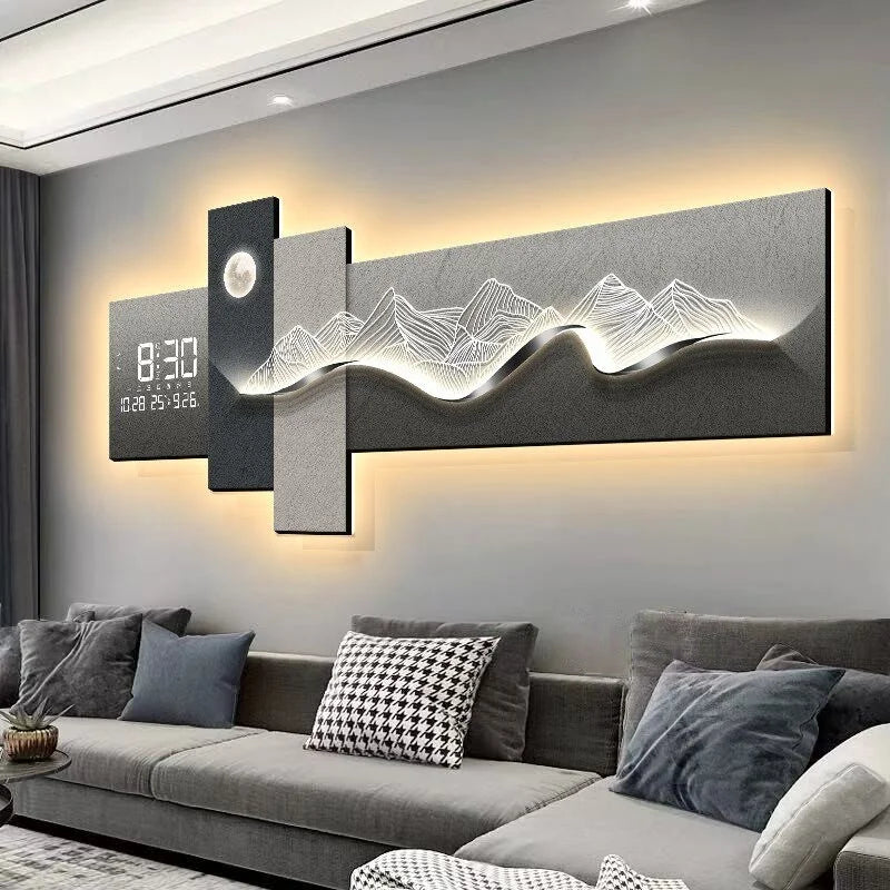 Modern Living Room Decoration Painting With Mountain Backed Led Clock Wall Lamp Painting Sofa Background Wall Hanging Painting