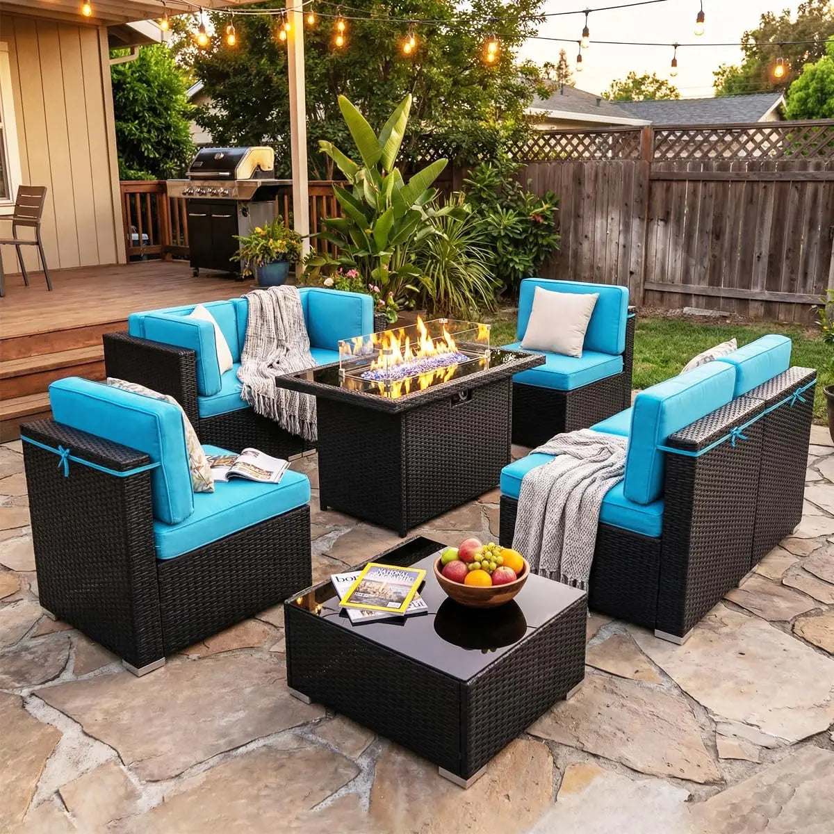 8 Pieces Patio Furniture Set with 44" Propane Gas Fire Pit Table, Outdoor Sectional Wicker Conversation Sofa Sets, Customized