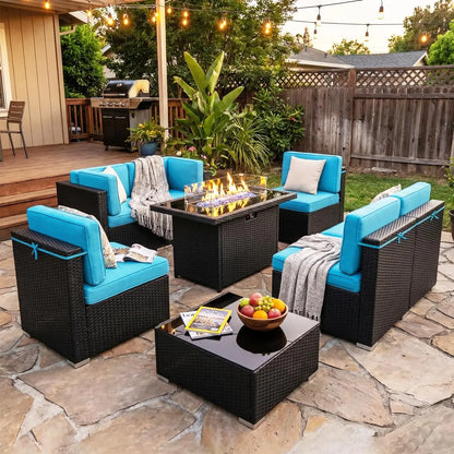 8 Pieces Patio Furniture Set with 44" Propane Gas Fire Pit Table, Outdoor Sectional Wicker Conversation Sofa Sets, Customized