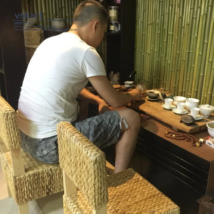 Pastoral Country Style Tea Room Grass Woven Rattan Stool Solid Wood round Seat Low Bench for Relaxed Seating Fashionable Shoe St