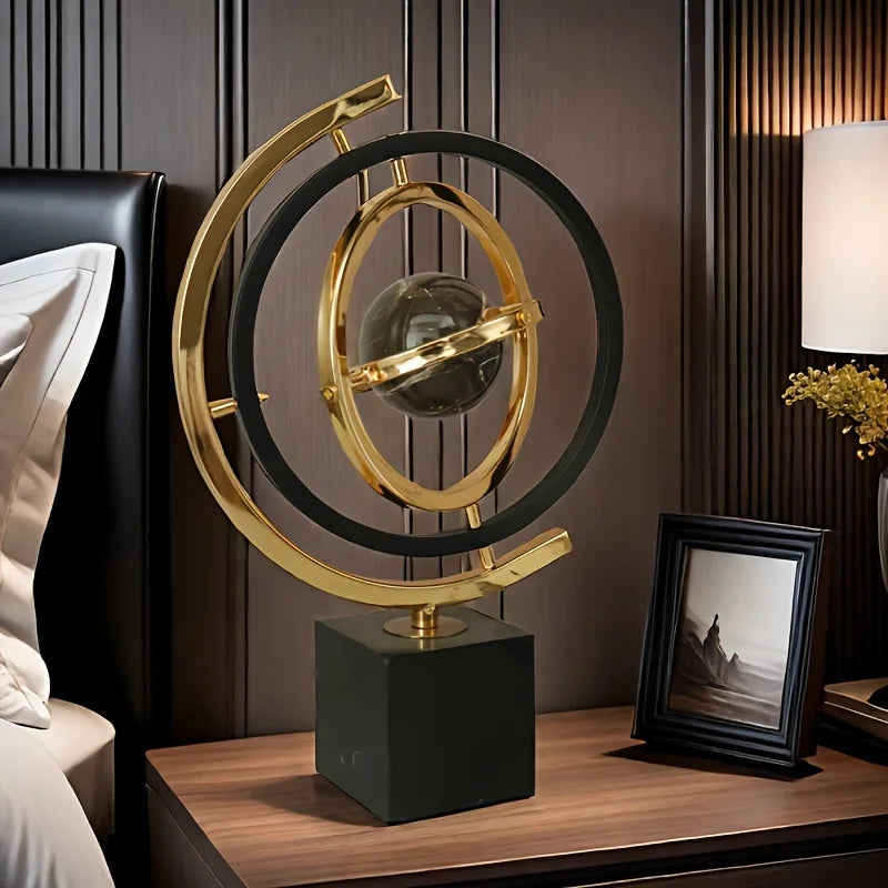 1PC Modern Abstract Metal Globe Sculpture Black & Golden Art Decor with Rectangular Base for Home Office Living Room Study Shelf