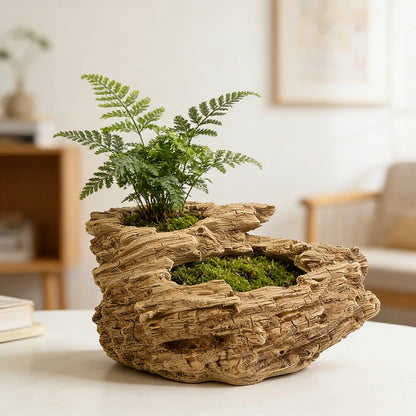 Artificial Driftwood Resin Planter with Dual Holes, Rustic Succulent Pot for Home Decor