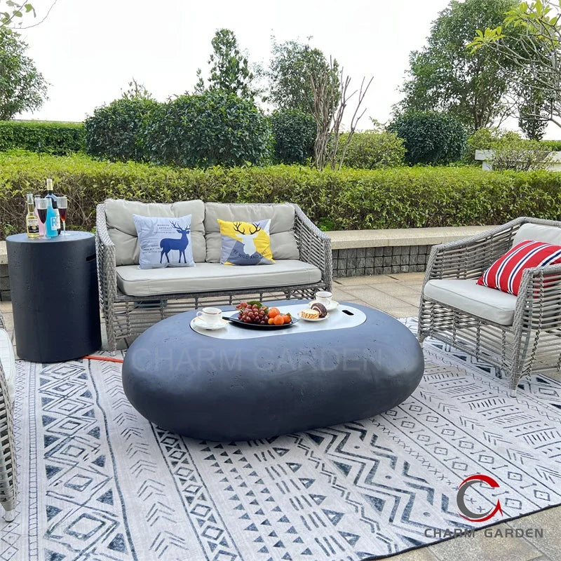 Modern Grey Rectangle Gas Fireplace Coffee Table-Outdoor Patio Fire Pit Heater