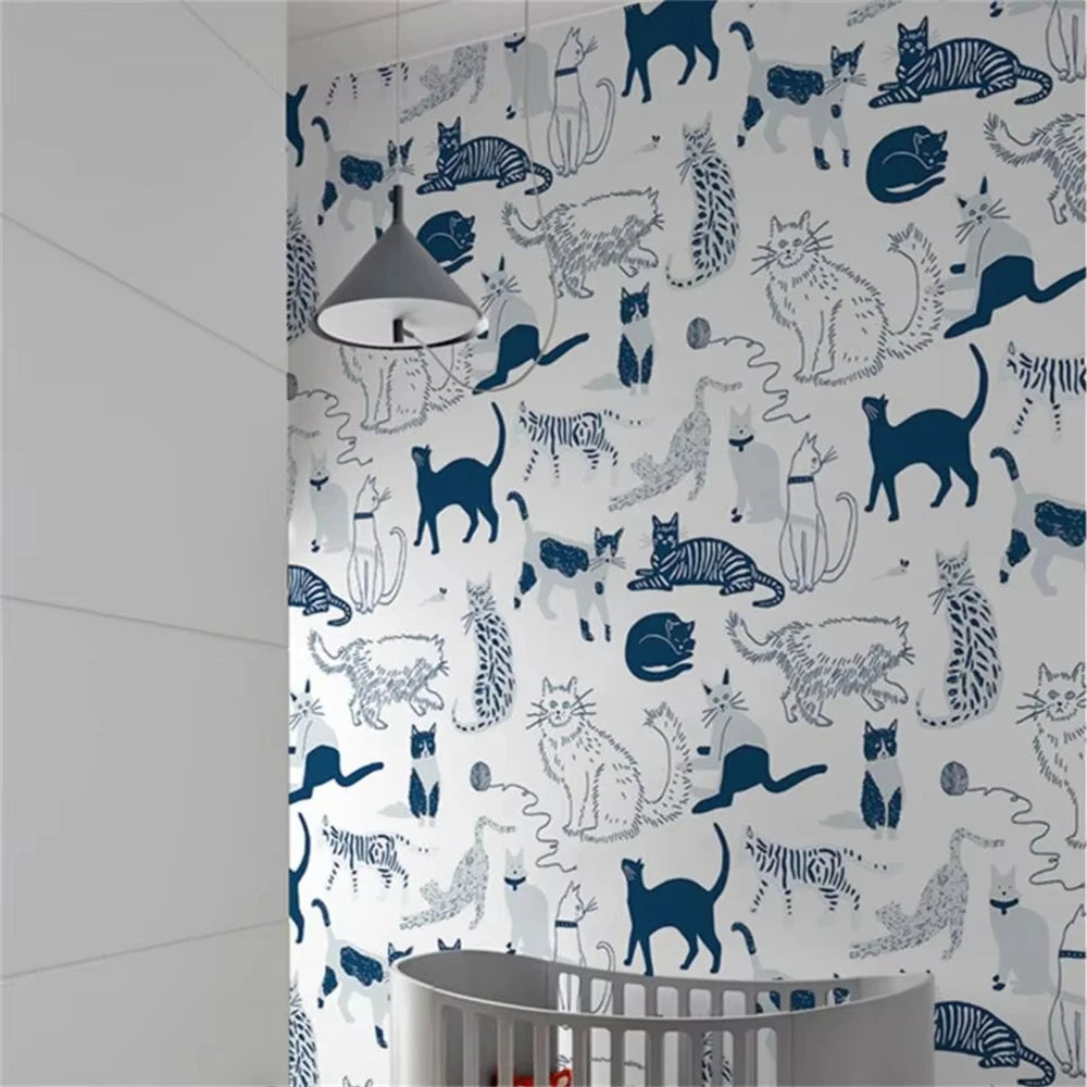Custom Theme Nordic Cat Wallpaper Mural for Children's Bedroom Background Blue Cat Wall paper Art Boys Girls animal Home Decor