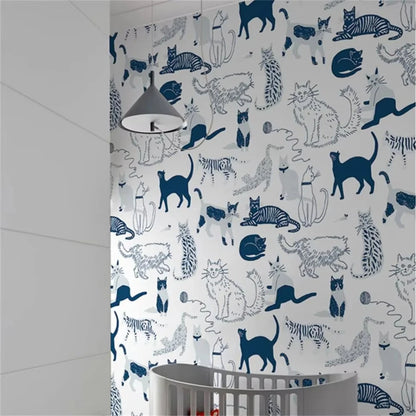 Custom Theme Nordic Cat Wallpaper Mural for Children's Bedroom Background Blue Cat Wall paper Art Boys Girls animal Home Decor