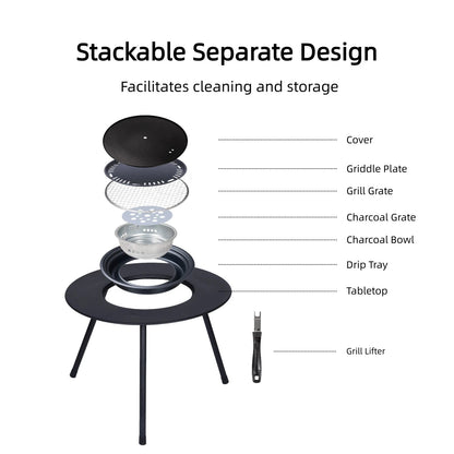 BISINNA Foldable Round Table BBQ Grill Multi-Function Outdoor Charcoal Barbecue Set with Accessories Portable for Camping Picnic