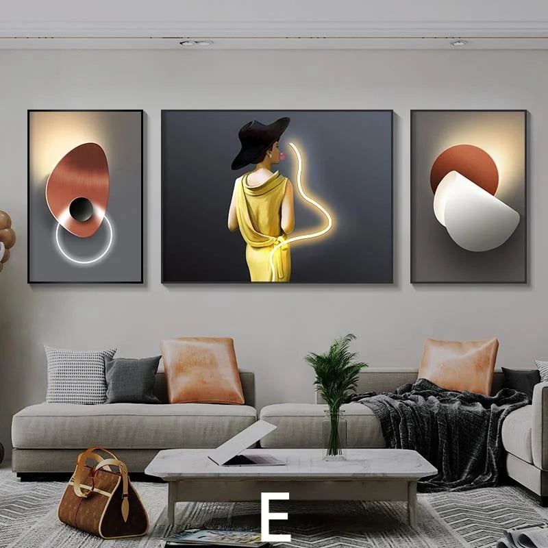 Living Room Decoration Painting LED Lighting Mural Painting Character Triptych Hanging Painting Bedroom Sofa Background Wall