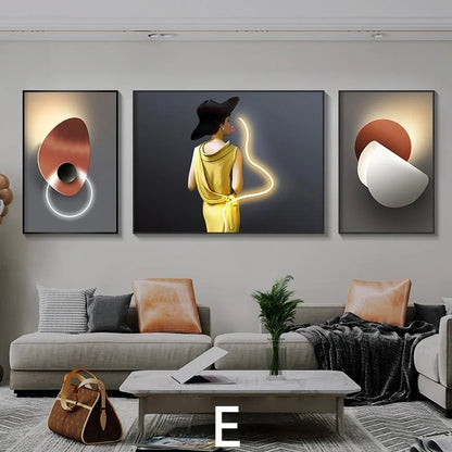 Living Room Decoration Painting LED Lighting Mural Painting Character Triptych Hanging Painting Bedroom Sofa Background Wall