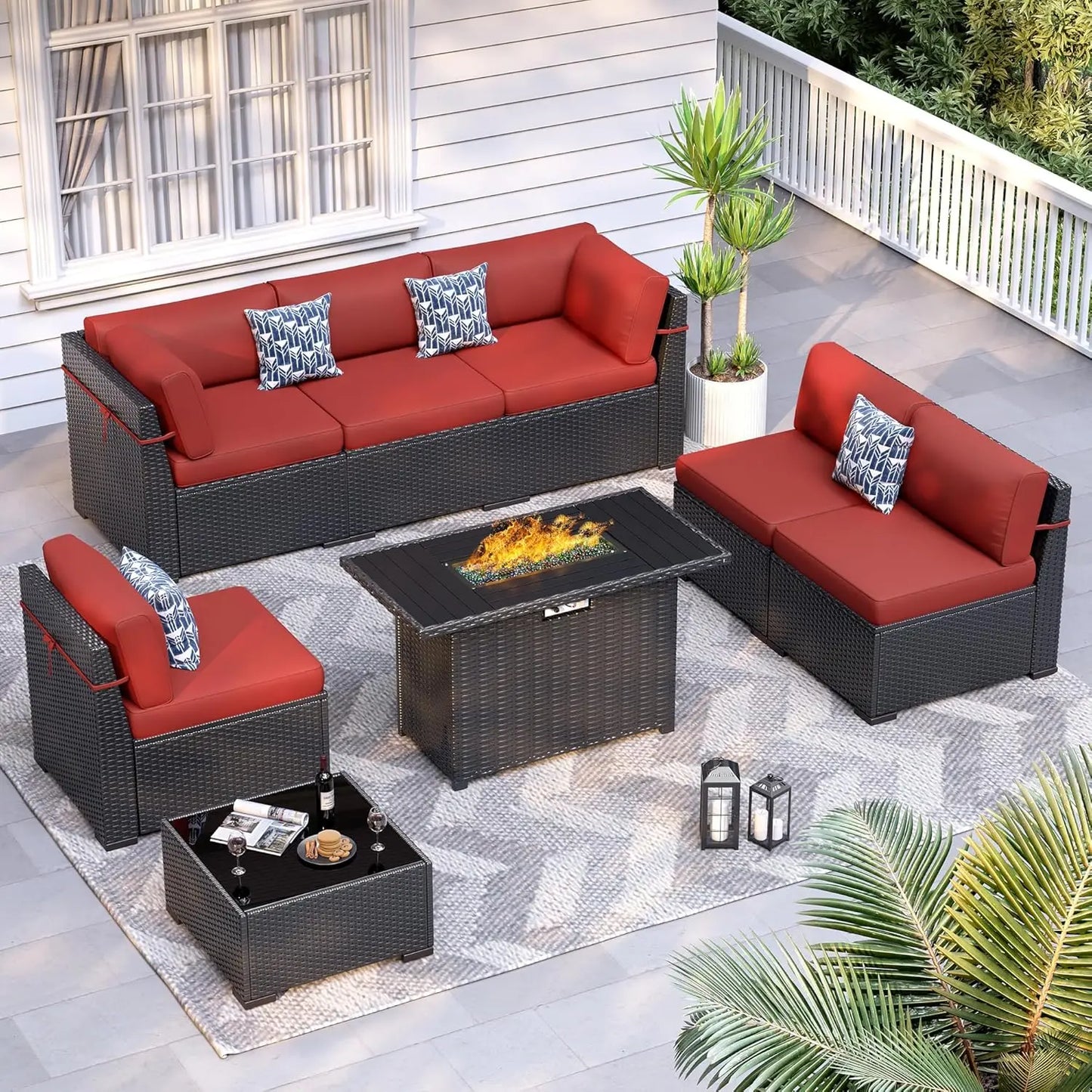 8pc Patio Set 44" Fire Pit Table All Weather Wicker Sectional Sofa Coffee Table Thickened Cushions Outdoor, Custom