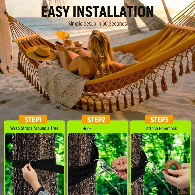 Outdoor Fringed Canvas Hammock - Portable Anti-slip Fringed Hammock for Camping - Bohemian Style Outdoor Camping Hammock