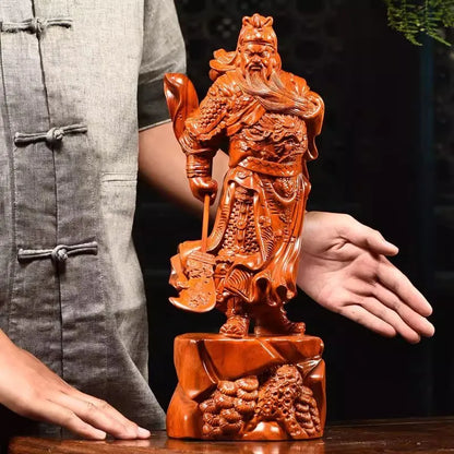 Hand-Carved Rosewood Guan Gong Statue - Chinese God of Wealth & Protection, Feng Shui Warrior Sculpture for Home/Business Blessi
