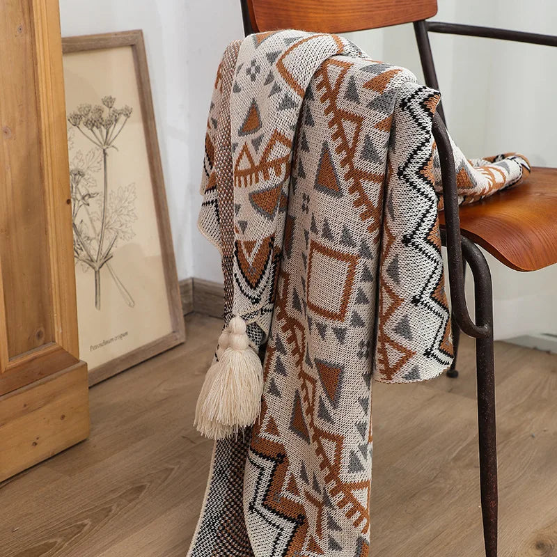 Southwest Desert Sunrise Geometric Woven Throw Blanket Earth Tone Tribal Pattern Soft Cozy Blanket for Sofa Bed Camping Travel