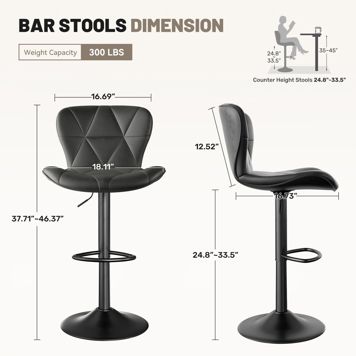 2 PCS Bar Stools, 360° Swivel Faux Leather Upholstery, Adjustable Counter Height, For Bars, Kitchens, Restaurants Furniture