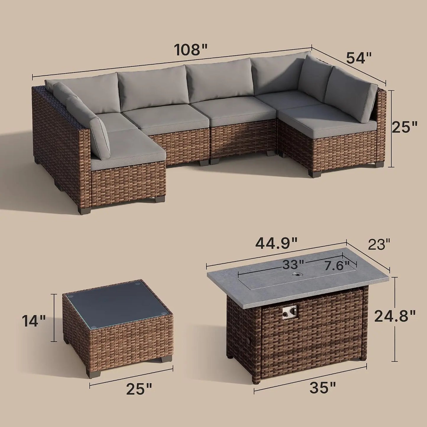 8 Piece Outdoor Patio Furniture Set with 44”Fire Pit Table, Outdoor Wicker Sectional Sofa Conversation Set with, Customized