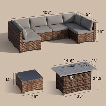 8 Piece Outdoor Patio Furniture Set with 44”Fire Pit Table, Outdoor Wicker Sectional Sofa Conversation Set with, Customized