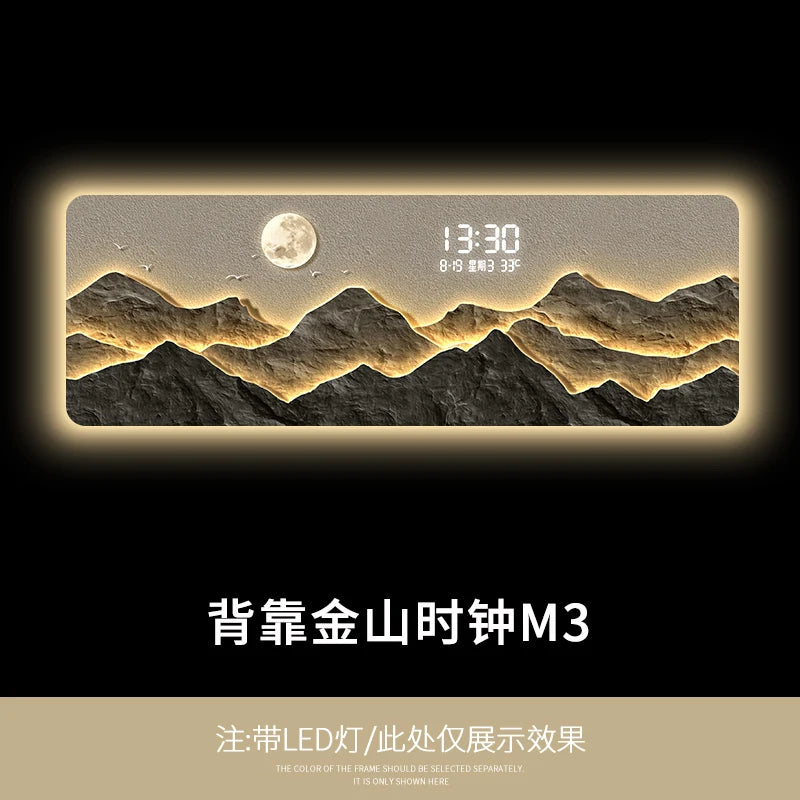 High end living room decoration painting, LED digital electronic clock, mountain back atmosphere light hanging painting