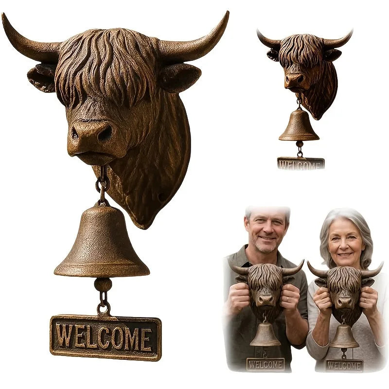 Rustic Highland Cow Hanging Bell, Scottish-Themed Resin Welcome Doorbell with Clear Chime, Outdoor Decor for Porch, Garden, Farm