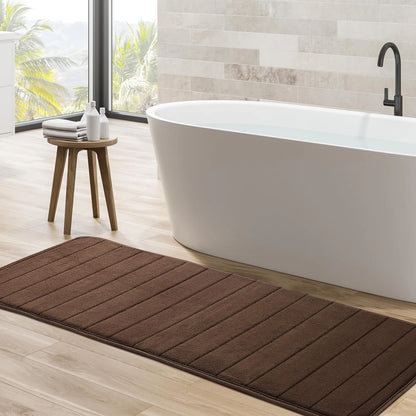 Long Oversized Bathroom Rug Memory Foam Bath Mat in Brown Textured Stripes Extra Long Non-Slip Absorbent Runner for Shower