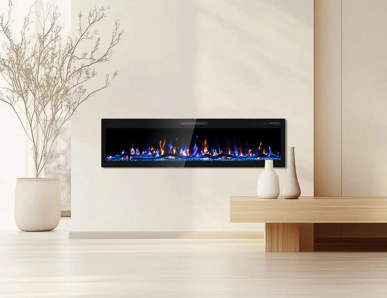 Modern Electric Fireplace, Wooden Wall Mounted LED Flame Heater, Remote Control Indoor Decorative Fireplace, Heavy Duty