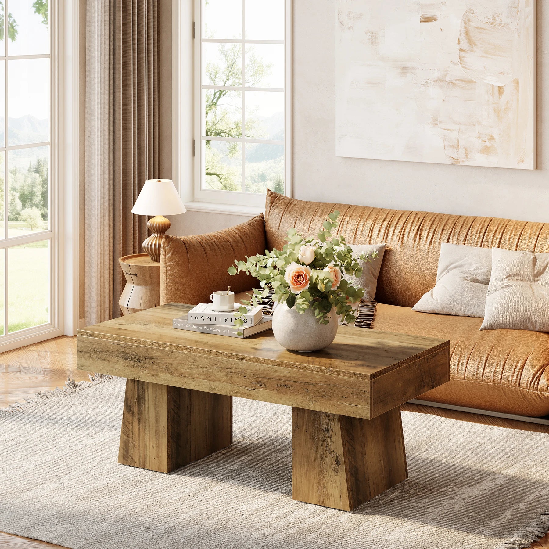 Tribesigns Vintage Coffee Table, 120cm Wooden Accent Center Tables with Thick Base, Modern Low Cocktail Tea Furniture for