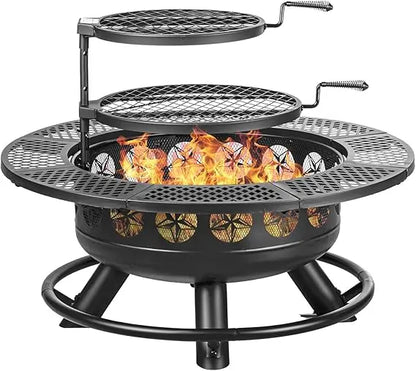 36 Inch Fire Pit with 2 Cooking Grills, Outdoor Wood Burning BBQ Firepit with Lid, 3-in-1 Outdoor Fire Pit for Backyard Deck