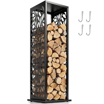 15 Inch Firewood Rack Outdoor Indoor with Cutout Design, Black
