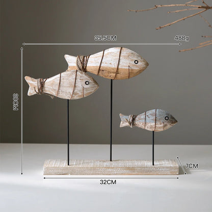 Retro Mediterranean Style 3D Wooden Shoal of Fish DecorationsHand Carving Ocean Desktop Crafts Ornaments DIY Bar Cafe Home Decor