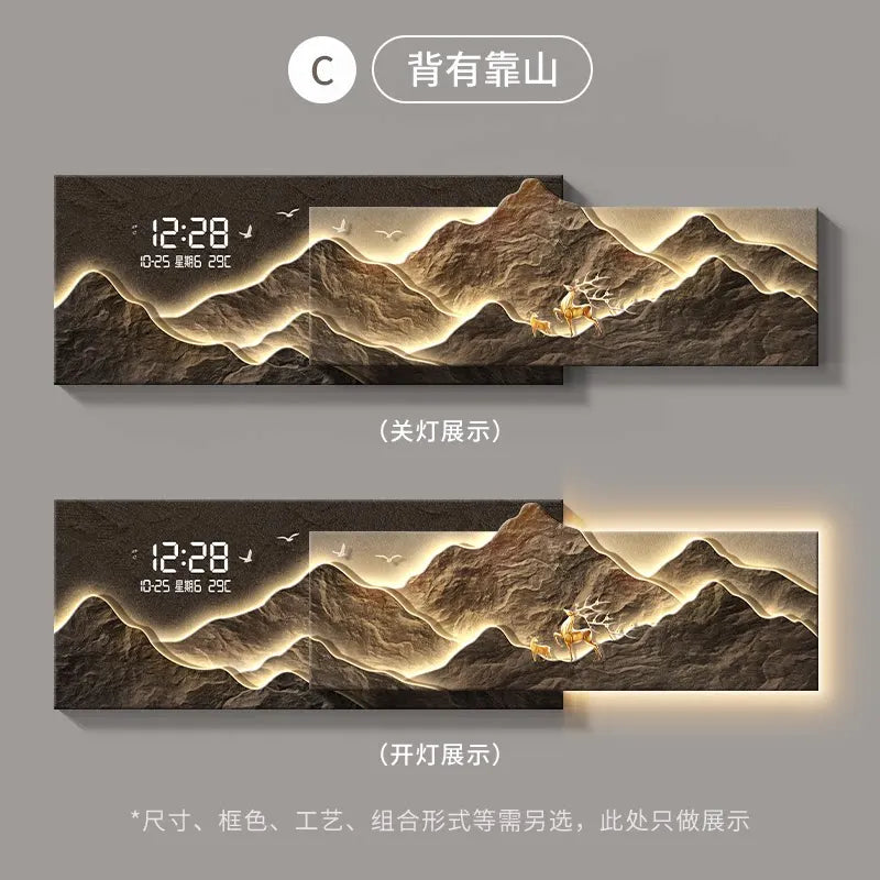 Living Room Decoration Lights Painting Light Luxury Sofa Background Wall Clock Lights Painting High-end Clock Hanging Painting