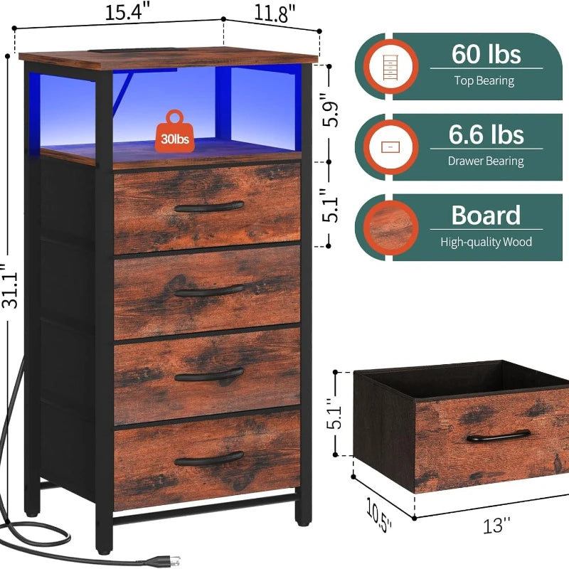 LED Rustic Nightstand with Charging Station 4 Storage Drawers and Storage Shelf End Table with USB Ports and Outlets Furniture