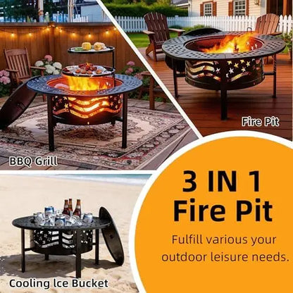 42" Outdoor Fire Pit with 2 Grills - Wood Burning Firt for Outside with Cover & Poker, Heavy Duty Metal Fire Pit Large