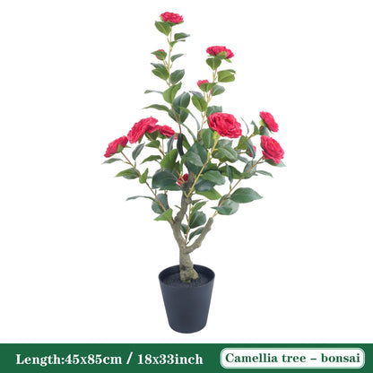 85cm Camellia Topiary Tree with Pot/Spike Realistic Fake Flower Plant Indoor Outdoor Faux Bonsai for Home Garden Office Decor