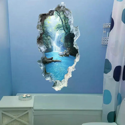 Landscape Wall Stickers For Bedrooms Room Bathroom Home Decoration Stickers Creative Hole Valley Waterfall Scenic Wall Stickers