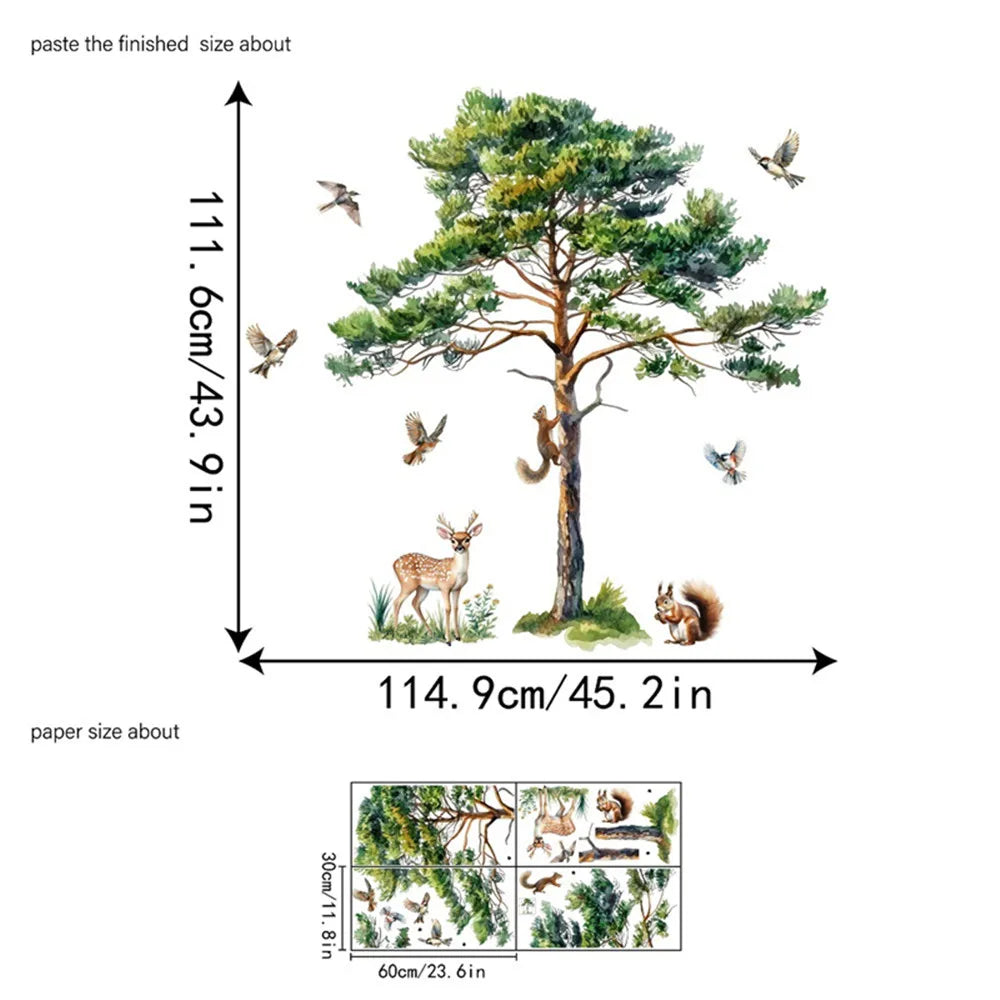 Large Pine Tree Wall Stickers Squirrel Deer Birds Forest Animal Decals Removable Vinyl Mural for Nursery Living Room Home Decor