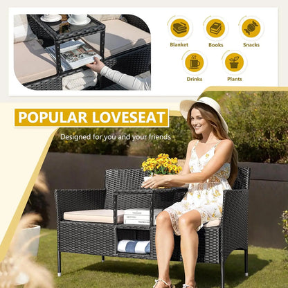 Outdoor Patio Loveseat Modern Rattan 2-Seat Patio Conversation Set with Cushions & Built-in Coffee Table Porch Furniture for Ga