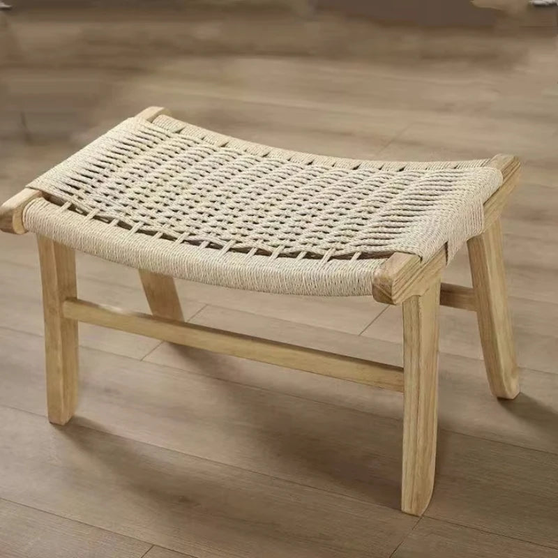 Handcrafted Solid Wood Woven Low Stool Rope-Woven Rattan Footrest Bench for Home Dining Entryway Bed-End