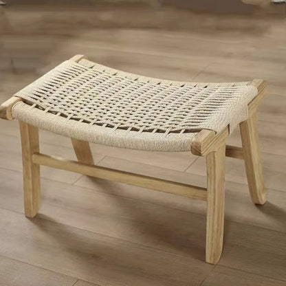 Handcrafted Solid Wood Woven Low Stool Rope-Woven Rattan Footrest Bench for Home Dining Entryway Bed-End