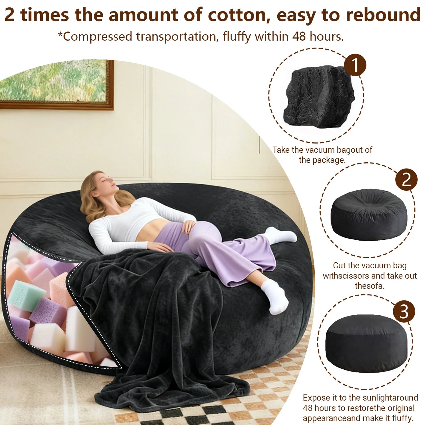 100CM×100CM×60CM, adult beanbag chair with padded beanbag inside, memory foam chair, soft flannel washable cover, ideal reading seat for bedrooms and dorms.