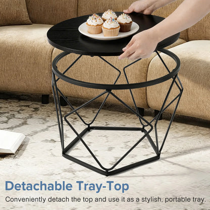 JHK 20IN Round Geometric Coffee Table Set of 2 Movable End Tables for Living Room Nesting Side Tables with Hidden Storage