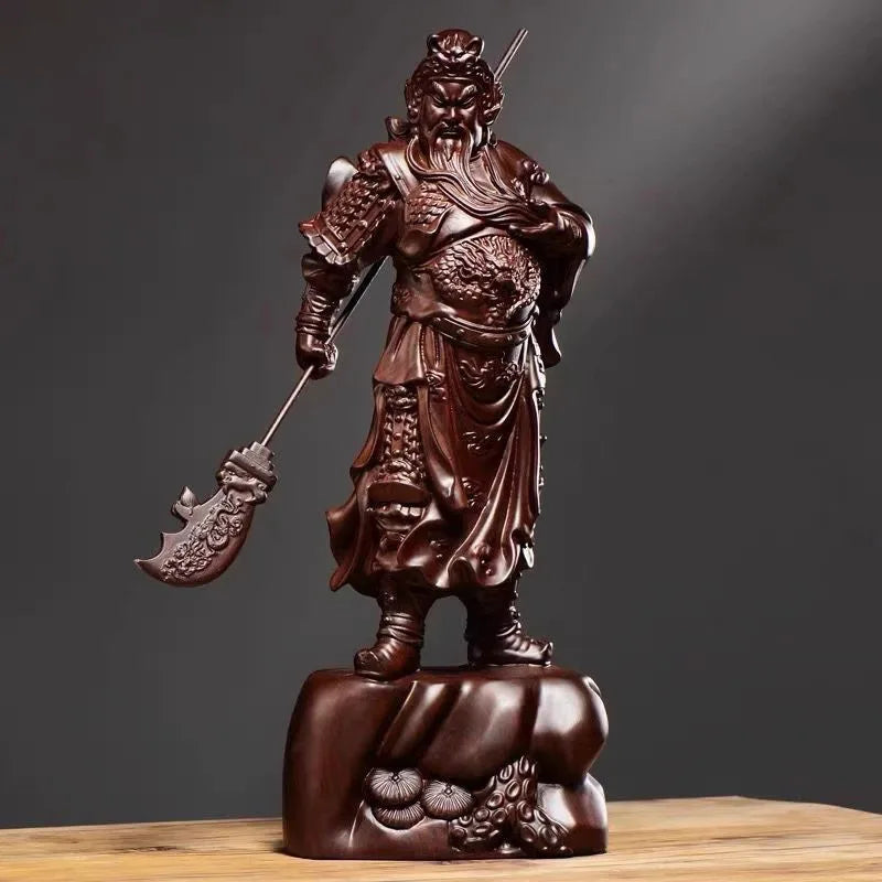 Hand-Carved Rosewood Guan Gong Statue - Chinese God of Wealth & Protection, Feng Shui Warrior Sculpture for Home/Business Blessi