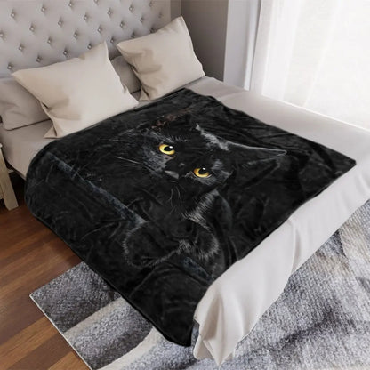 Black Cat Printed Throw Blanket - Glossy Textured Fleece, Dramatic Contrast Design, Perfect for Cozy Home Decor, Alert Relaxed C