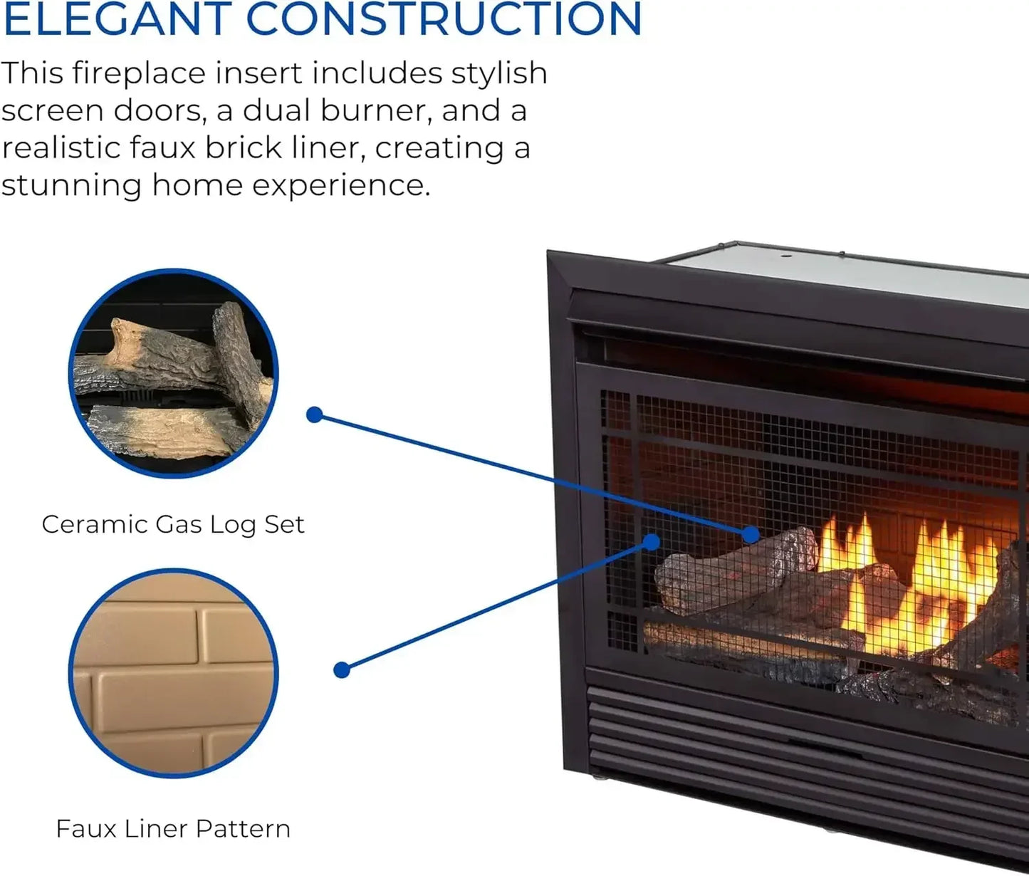 For Ventless 26,000 BTU Heats 1,350 Square Feet Dual Fuel No-Clearance Gas Fireplace Insert with Remote Control, Black